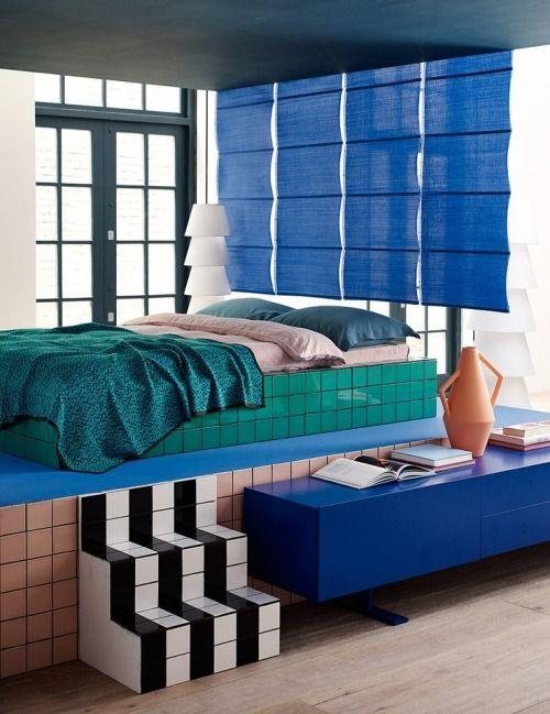 blue green bedroom with tiles